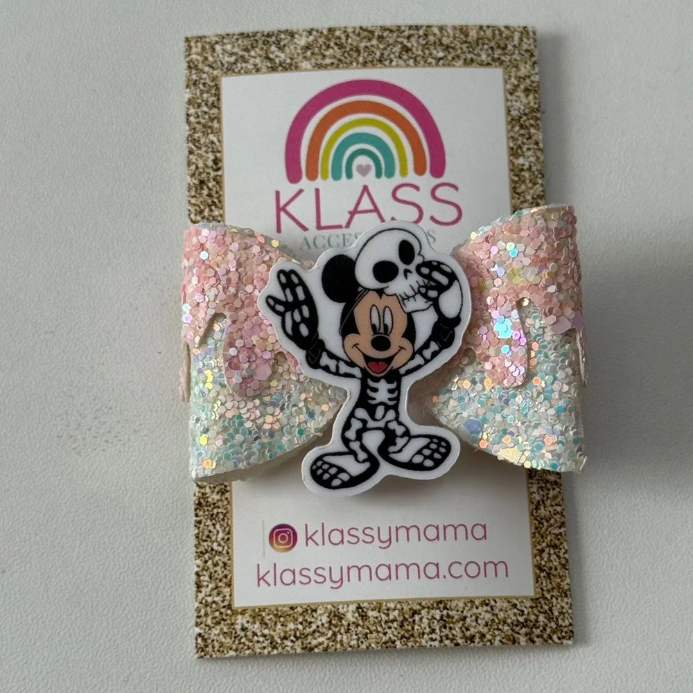 Klass Mickey Mouse Inspired Skeleton Halloween Glitter Hair Bow Clip Pink White